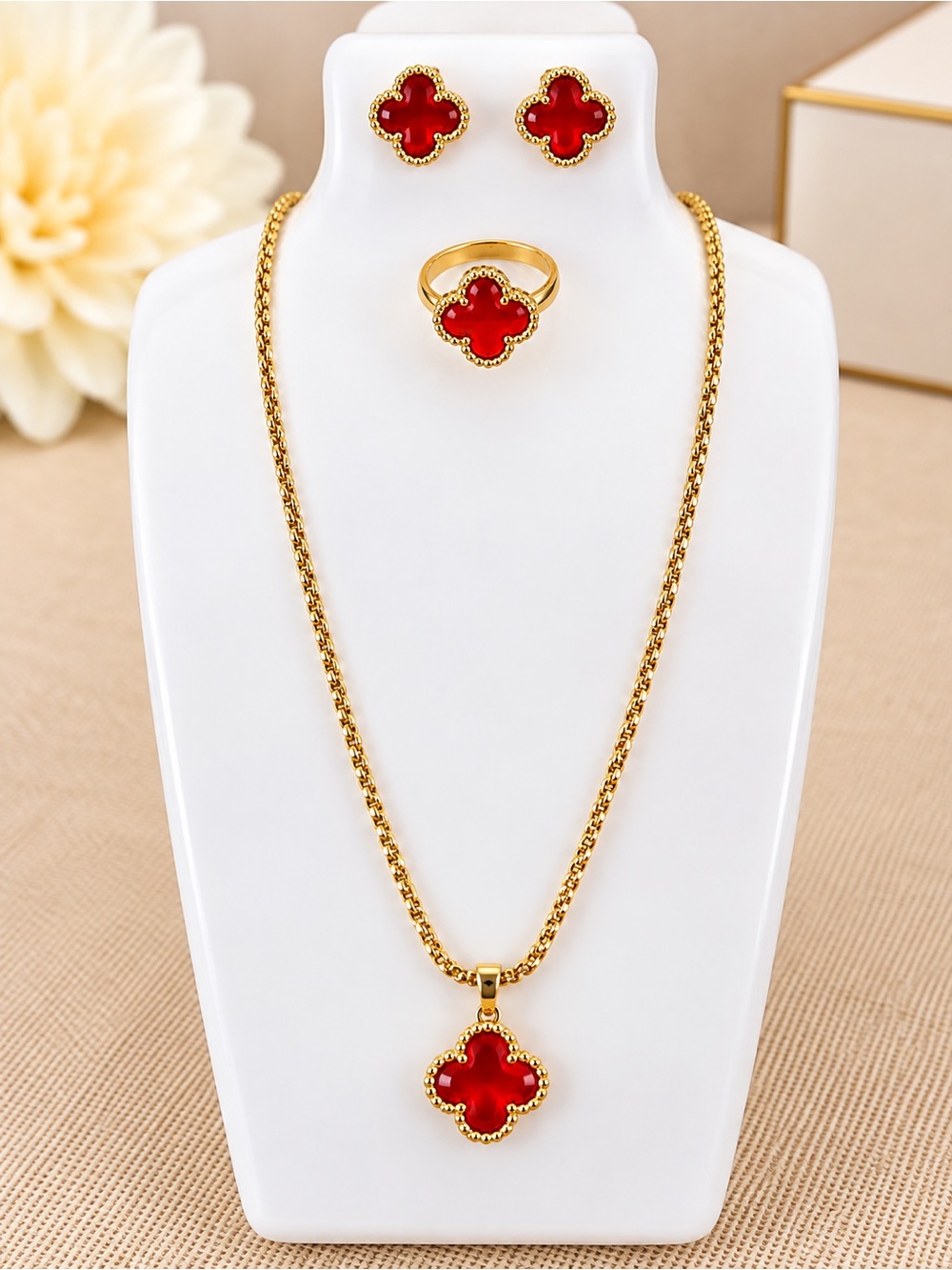 14 k Gold plated Red flower Pendant Necklace, Ring & Stud Earring Set